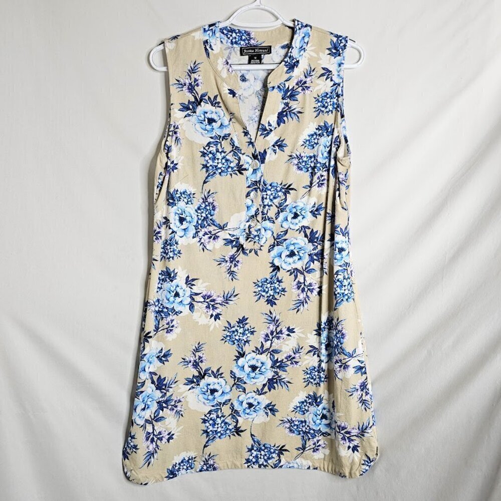 JESSICA HOWARD Linen Dress size 12 TAN BLUE FLORAL Summer Sleeveless V-Neck Cute - Picture 2 of 8